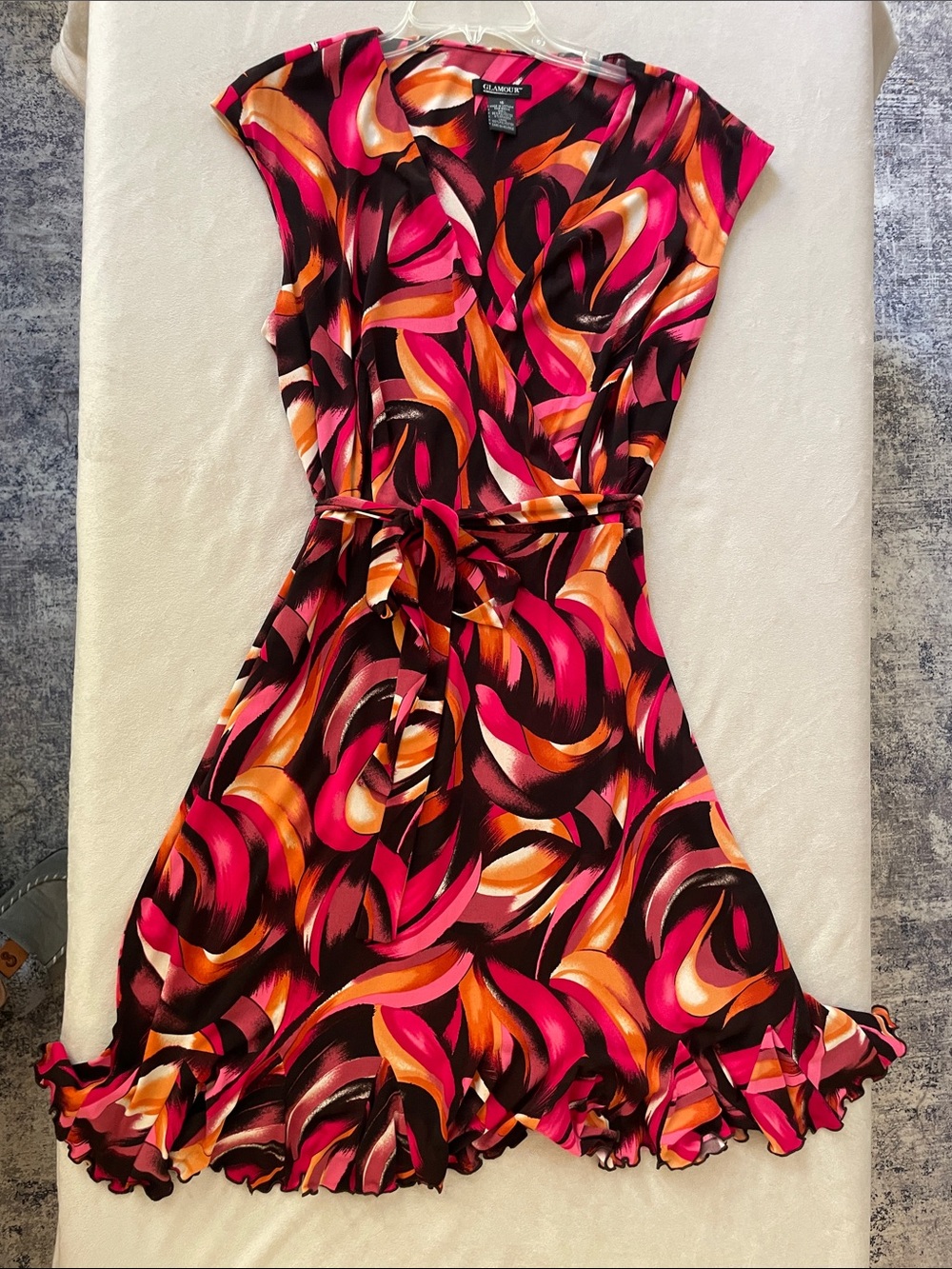 Glamour Pink, Orange & Black Swirl Wrap Midi Dress